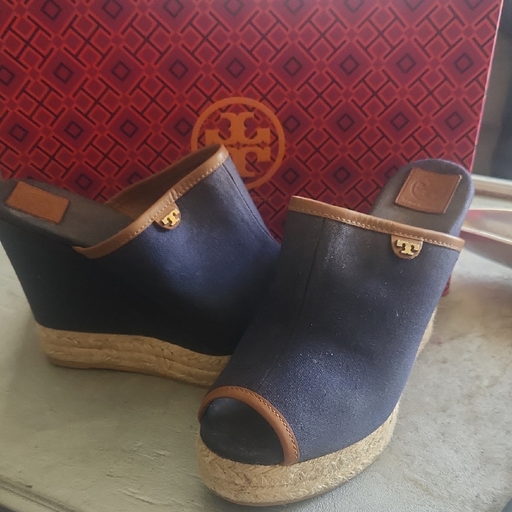 Tory Burch Blue and Brown Wedge Shoes